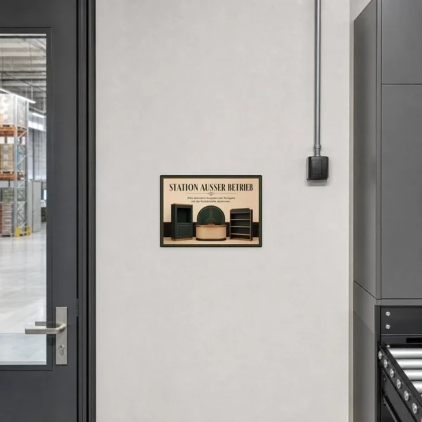 KI-generiertes Anwendungsbeispiel: Station außer Betrieb Aufkleber an einer Servicestation mit Text zur alternativen Ausgabe oder Rückgabe.