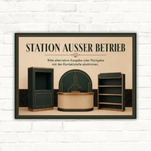 Station außer Betrieb Schild mit Hinweis „Bitte alternative Ausgabe oder Rückgabe mit der Kontaktstelle abstimmen“ im Querformat.