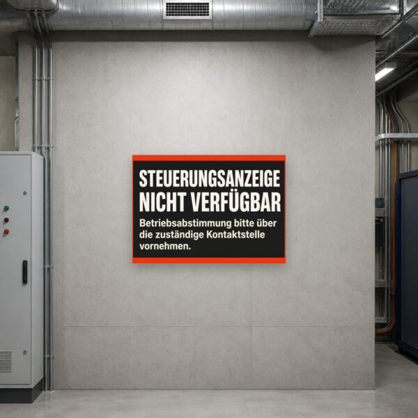 KI-generiertes Anwendungsbeispiel: Technik-Hinweisschild „Steuerungsanzeige nicht verfügbar“ an einer Wand.