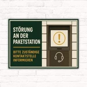Hinweisschild mit Wortlaut „Störung an der Paketstation – Bitte zuständige Kontaktstelle informieren“ und Automatenmotiv.