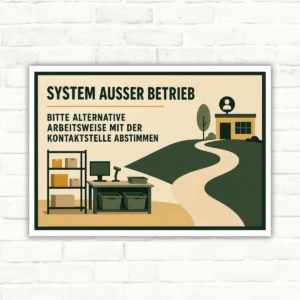 Hinweisschild mit Wortlaut „System ausser Betrieb“ und Hinweis zur alternativen Arbeitsweise mit Kontaktstelle.