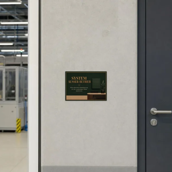 KI-generiertes Anwendungsbeispiel: Aufkleber System außer Betrieb für alternative Bewässerung an Wand im Querformat.