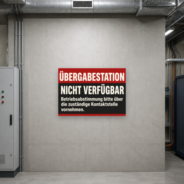 KI-generiertes Anwendungsbeispiel: Übergabestation nicht verfügbar Schild – Betriebsabstimmung über Kontaktstelle am passenden Einsatzort mit gut sichtbarem Motiv und klarer Beschriftung.