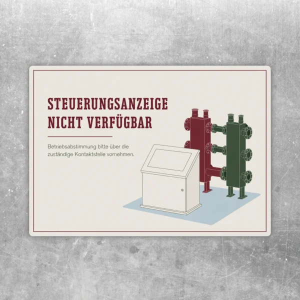 Steuerungsanzeige nicht verfügbar Aufkleber im Querformat mit rotem Text und technischer Anlagenillustration.