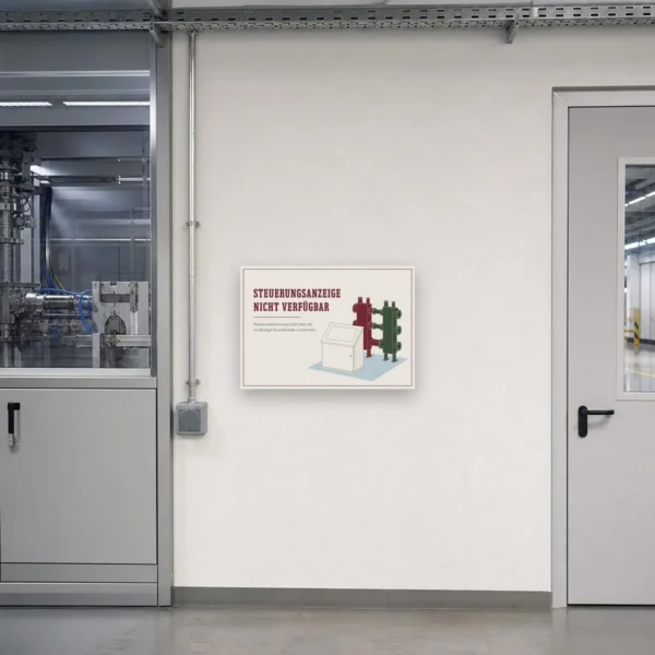 KI-generiertes Anwendungsbeispiel: Steuerungsanzeige nicht verfügbar Schild als Kontaktstellen-Hinweis an einer Technikraumwand.