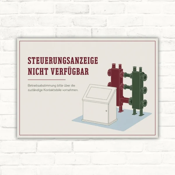 Steuerungsanzeige nicht verfügbar Schild mit Kontaktstellen-Hinweis und technischer Anlagenillustration im Querformat.