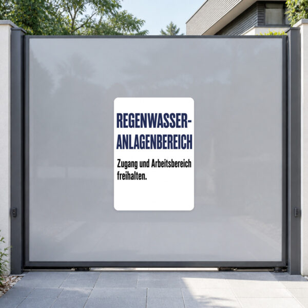 KI-generiertes Anwendungsbeispiel: Regenwasseranlagenbereich Aufkleber auf grauem Untergrund mit blau-türkisem Motiv.