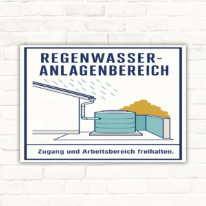 Regenwasseranlagenbereich Schild mit Text „Zugang und Arbeitsbereich freihalten“ und Illustration von Tank und Dachrinne.