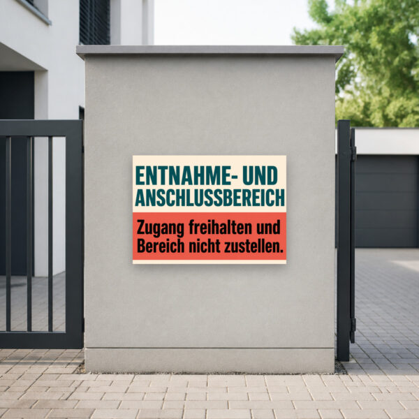 KI-generiertes Anwendungsbeispiel: Entnahme- und Anschlussbereich Schild – Zugang freihalten am passenden Einsatzort mit gut sichtbarem Motiv und klarer Beschriftung.