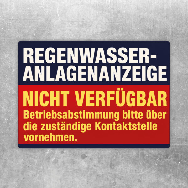 Regenwasser Anlagenanzeige nicht verfügbar Aufkleber im Querformat mit Zisterne, Hausdach, Regen und Kontaktstellenhinweis.