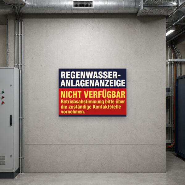 KI-generiertes Anwendungsbeispiel: Schild „Anlagenanzeige nicht verfügbar“ mit Regenwassertank-Motiv an heller Wand.