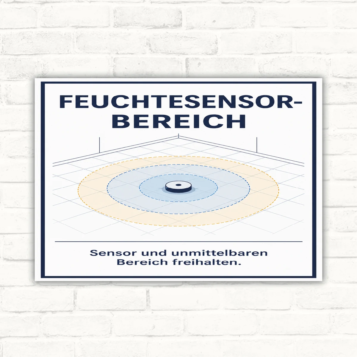 Feuchtesensor Schild mit Wortlaut „Sensor und unmittelbaren Bereich freihalten“ und grafischem Sensorbereich.