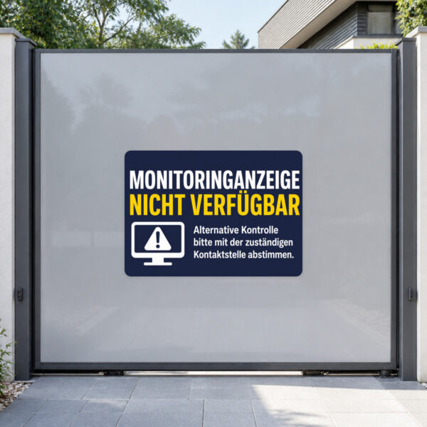 KI-generiertes Anwendungsbeispiel: Monitoringanzeige nicht verfügbar Aufkleber auf grauem Untergrund im technischen Bereich.