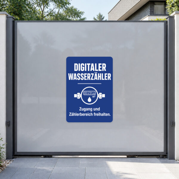 KI-generiertes Anwendungsbeispiel: Digitaler Wasserzähler Aufkleber auf grauer Fläche im technischen Umfeld.