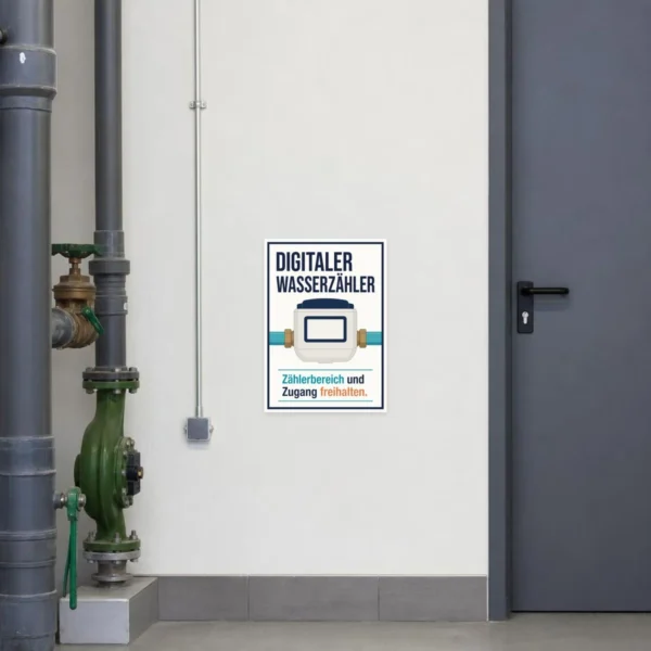 KI-generiertes Anwendungsbeispiel: Digitaler Wasserzähler Aufkleber auf grauer Fläche im technischen Umfeld.