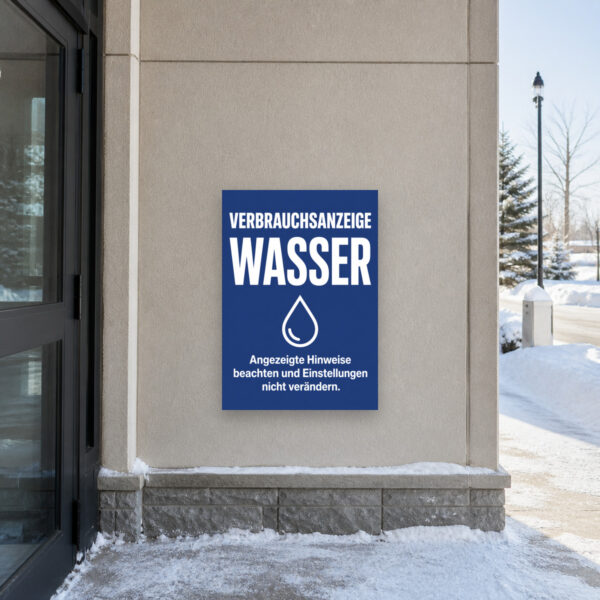 KI-generiertes Anwendungsbeispiel: Verbrauchsanzeige Wasser Schild als Alu-Verbund-Hinweisschild an einer hellen Wand.