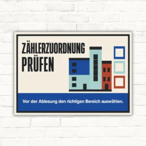 Querformatiges Schild mit Text „Zählerzuordnung prüfen“ und „Vor der Ablesung den richtigen Bereich auswählen“.