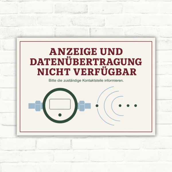 Hinweisschild mit Wortlaut „Anzeige und Datenübertragung nicht verfügbar“ und Wasserzähler-Symbol im Querformat.