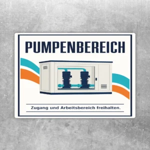 Pumpenbereich Aufkleber mit Pumpenanlage und Hinweis Zugang und Arbeitsbereich freihalten auf grauem Hintergrund.