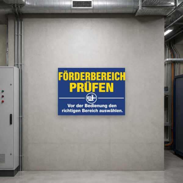 KI-generiertes Anwendungsbeispiel: Förderbereich prüfen Schild im Querformat als Bedienhinweis an einer technischen Station.