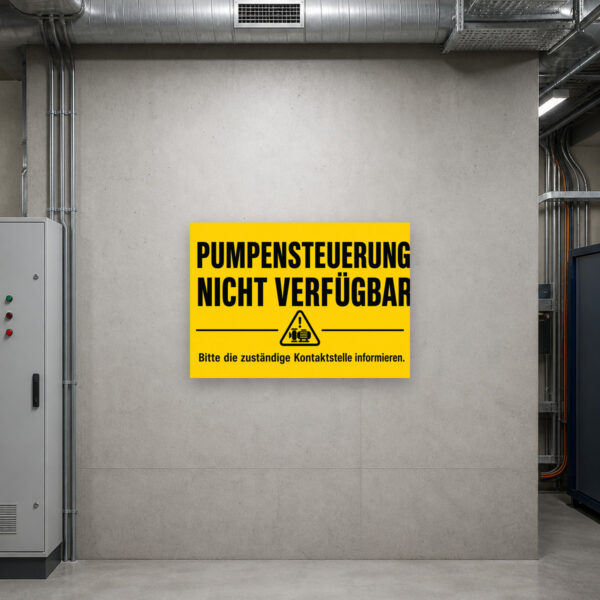 KI-generiertes Anwendungsbeispiel: Schild „Pumpensteuerung nicht verfügbar“ an Wand vor technischer Anlage.
