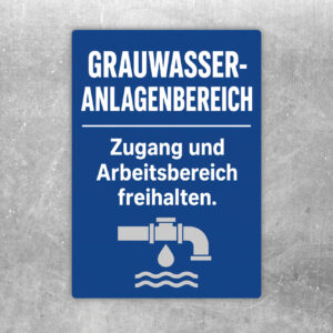 Grauwasser Anlagenbereich Aufkleber mit Tankmotiv und Hinweis, Zugang und Arbeitsbereich freizuhalten.