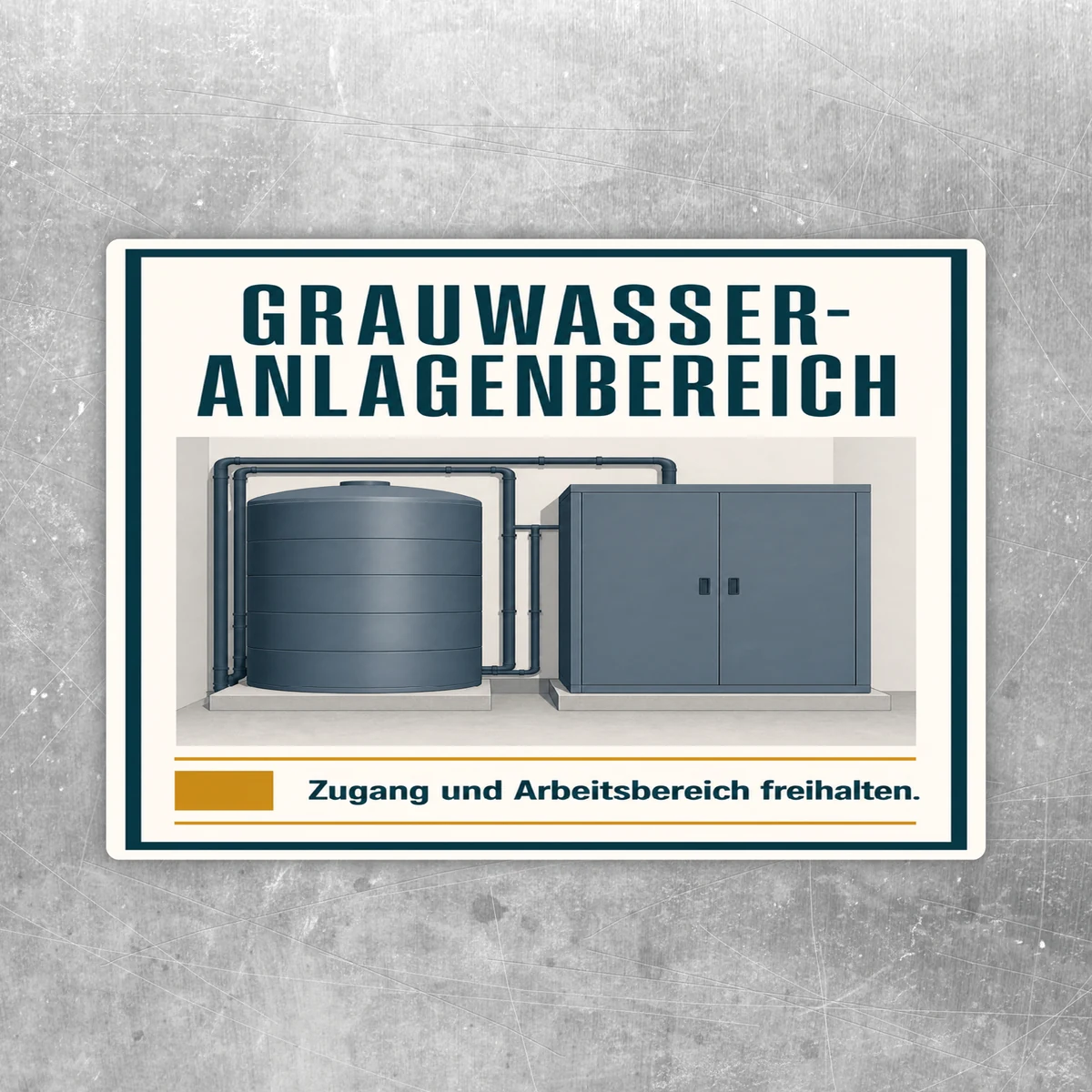 Grauwasser Anlagenbereich Aufkleber mit Tankmotiv und Hinweis, Zugang und Arbeitsbereich freizuhalten.