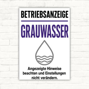 Betriebsanzeige Grauwasser Schild im Vintage-Stil mit gut lesbarem Motiv und klarer Beschriftung als bedrucktes Schild aus Aluminium-Verbundplatte.