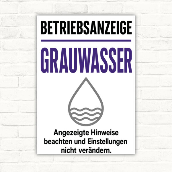 Betriebsanzeige Grauwasser Schild im Vintage-Stil mit gut lesbarem Motiv und klarer Beschriftung als bedrucktes Schild aus Aluminium-Verbundplatte.
