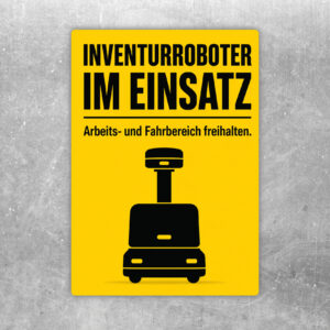 Aufkleber mit Inventurroboter im Lager und Hinweis Arbeits- und Fahrbereich freihalten in Blau, Türkis und Orange.