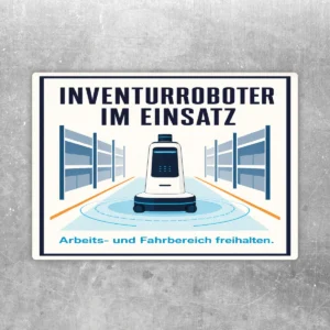 Aufkleber mit Inventurroboter im Lager und Hinweis Arbeits- und Fahrbereich freihalten in Blau, Türkis und Orange.