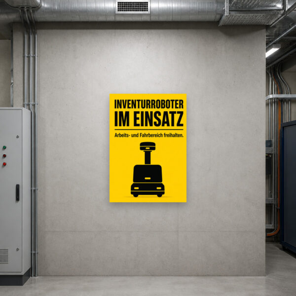 KI-generiertes Anwendungsbeispiel: Inventurroboter Schild im Lager mit Hinweis Arbeits- und Fahrbereich freihalten.