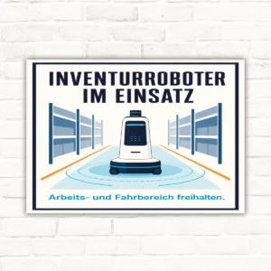 Inventurroboter Schild Arbeits- und Fahrbereich freihalten mit gut lesbarem Motiv und klarer Beschriftung als bedrucktes Schild aus Aluminium-Verbundplatte.