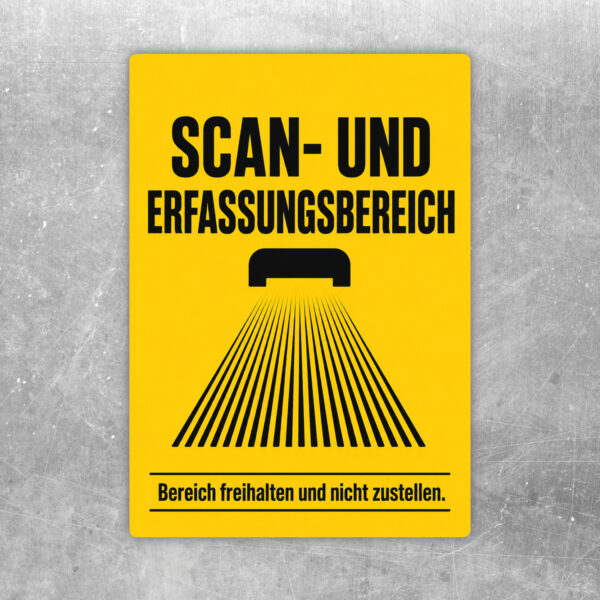 Aufkleber Scan- und Erfassungsbereich freihalten mit Scanner, türkisfarbenem Lichtfeld und Regal im Industrielook.