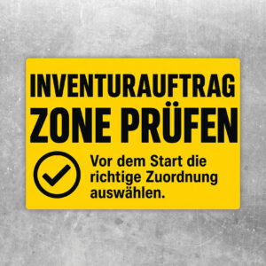 Inventurauftrag und Zone prüfen Aufkleber im Querformat mit blau-rotem Lagermotiv und klarer Prüfanweisung.