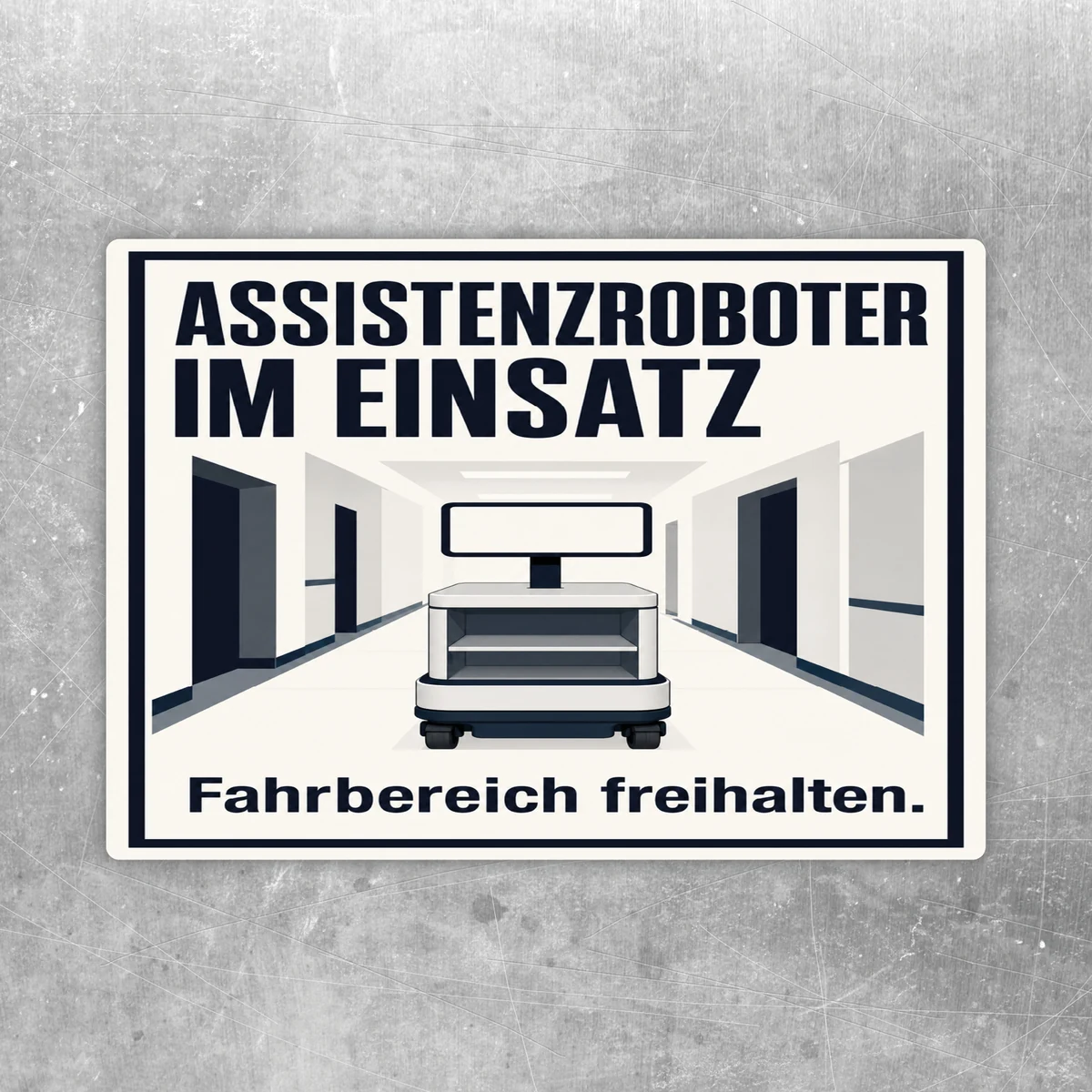 Aufkleber mit Assistenzroboter im Flur und Text Assistenzroboter im Einsatz, Fahrbereich freihalten.
