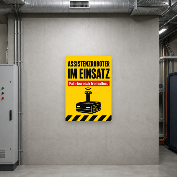 KI-generiertes Anwendungsbeispiel: Schild „Assistenzroboter im Einsatz – Fahrbereich freihalten“ an einer Wand.