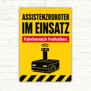 Hinweisschild mit Text „Assistenzroboter im Einsatz – Fahrbereich freihalten“ und Roboter in einem Flur.