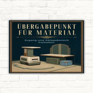 Übergabepunkt für Material Schild mit Text „Zugang und Ablagebereich freihalten“ und Assistenzroboter-Motiv.