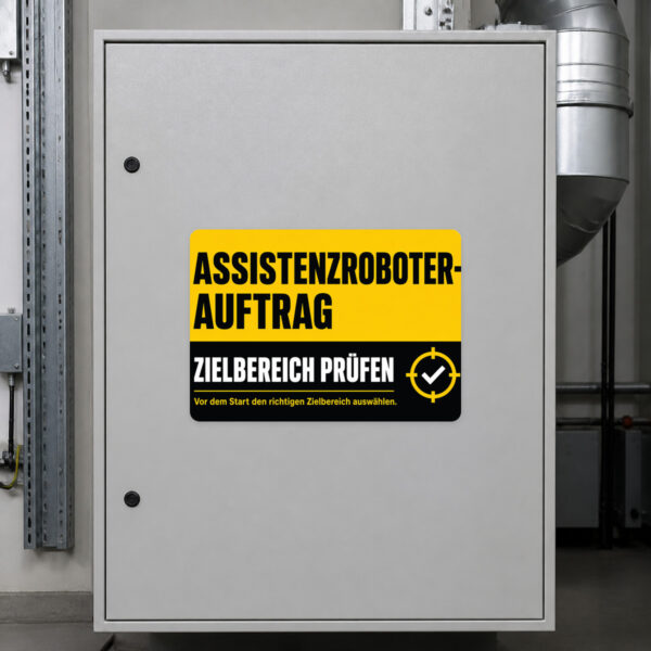 KI-generiertes Anwendungsbeispiel: Assistenzroboter Aufkleber Auftrag und Zielbereich prüfen auf grauer Fläche.