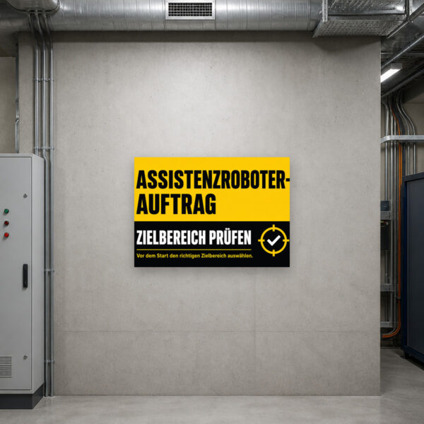 KI-generiertes Anwendungsbeispiel: Assistenzroboter Hinweisschild „Auftrag und Zielbereich prüfen“ an Technik-Wand.