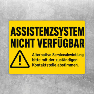 Beiger Querformat-Aufkleber mit Text Assistenzsystem nicht verfügbar und Illustration eines grauweißen Servicegeräts.