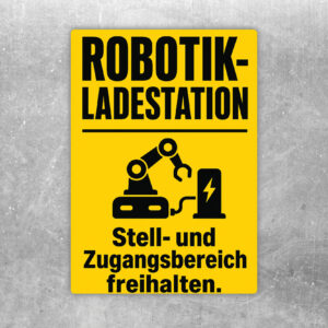 Robotik-Ladestation Aufkleber mit Hinweis Stell- und Zugangsbereich freihalten in Blau, Orange und Weiß.