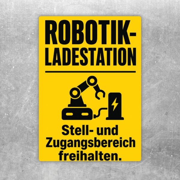 Robotik-Ladestation Aufkleber mit Hinweis Stell- und Zugangsbereich freihalten in Blau, Orange und Weiß.