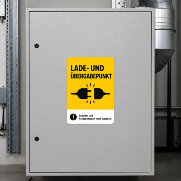 KI-generiertes Anwendungsbeispiel: Lade- und Übergabepunkt Aufkleber auf Metallfläche mit Hinweis zum Freihalten.