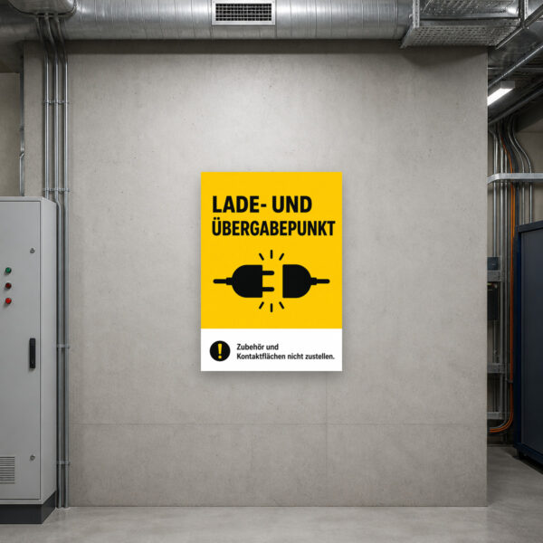 KI-generiertes Anwendungsbeispiel: Lade- und Übergabepunkt Schild – Zubehör und Kontaktflächen nicht zustellen am passenden Einsatzort mit gut sichtbarem Motiv und klarer Beschriftung.