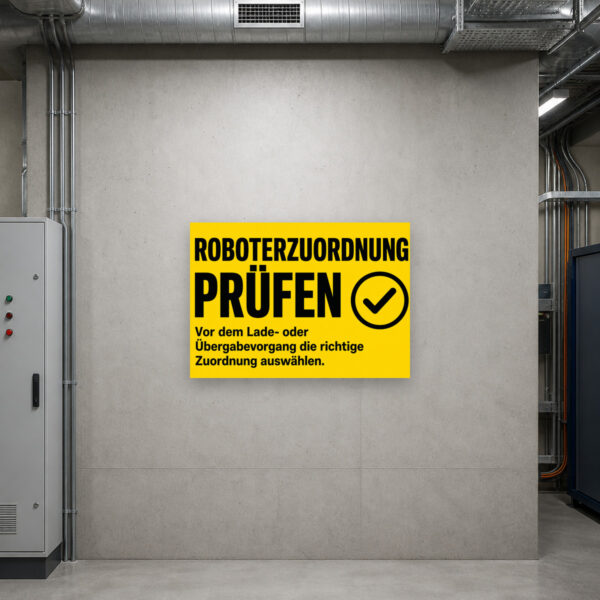 KI-generiertes Anwendungsbeispiel: Roboterzuordnung prüfen Schild vor Lade- oder Übergabevorgang an einer Technikstation.