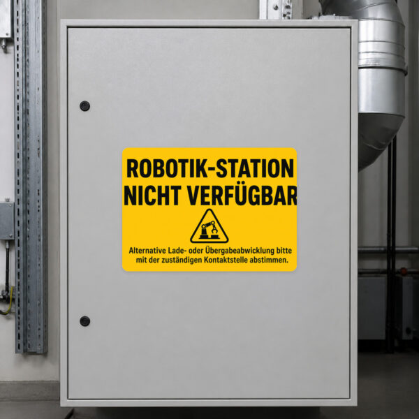KI-generiertes Anwendungsbeispiel: Aufkleber Station nicht verfügbar an einer grauen Wand im Ladebereich.