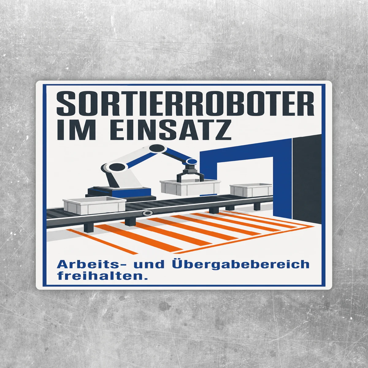 Aufkleber mit Sortierroboter im Einsatz und Hinweis, den Arbeits- und Übergabebereich freizuhalten.