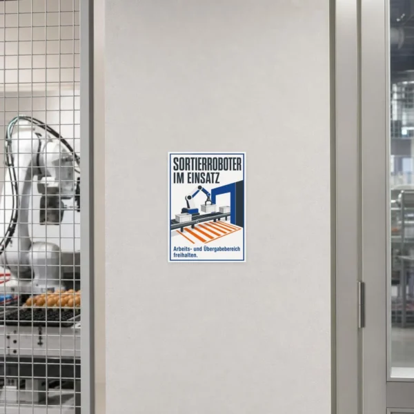 KI-generiertes Anwendungsbeispiel: Sortierroboter-Aufkleber auf grauer Fläche mit Hinweis zum Freihalten des Übergabebereichs.